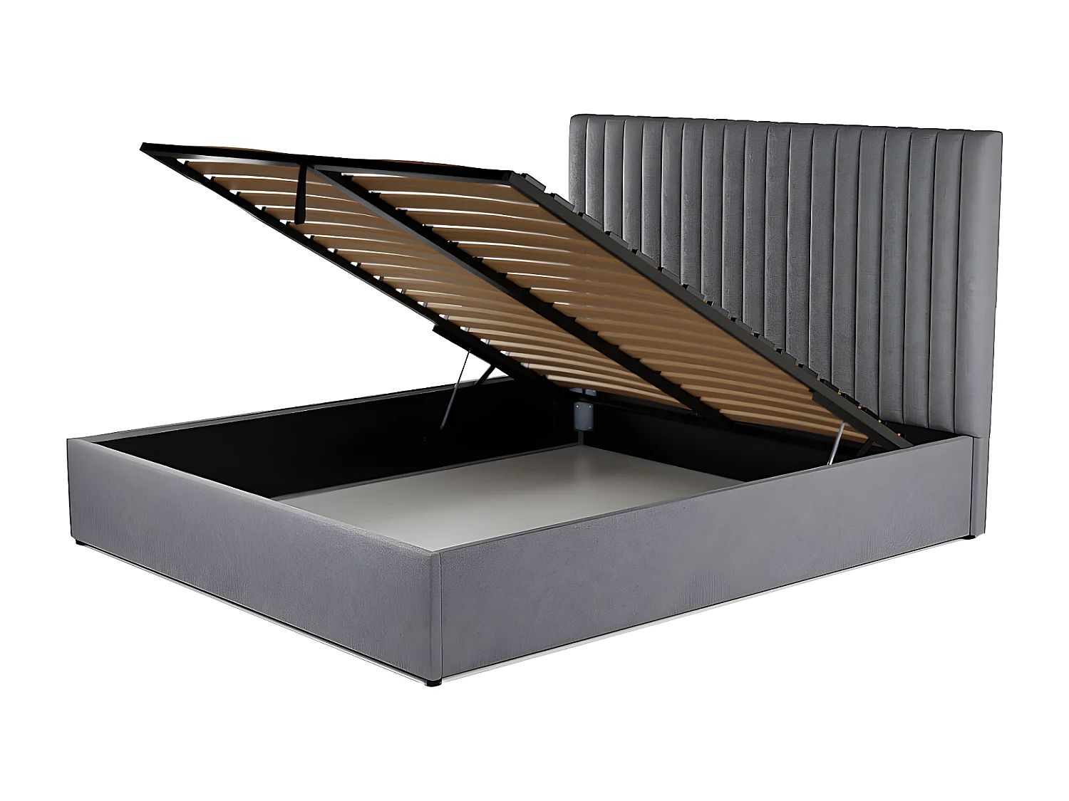 Lit coffre 160 x 200 cm avec tête de lit coutures verticales - Tissu - Gris - SARAH