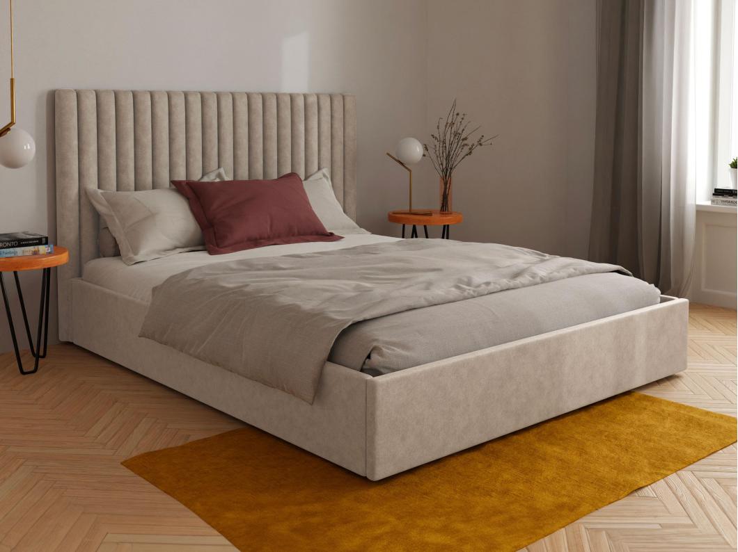 Bed met opbergruimte met hoofdbord met verticale stiksels SARAH - 140 x 190 cm - Stof - Beige