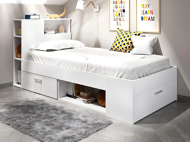 Bed met hoofdeinde, opbergruimte en lades - 90 x 190 cm - Kleur: wit - LEANDRE