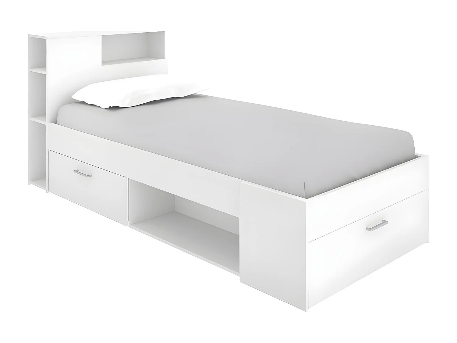 Bett mit Kopfteil, Stauraum & Schublade - 90 x 190 cm - Weiß - LEANDRE