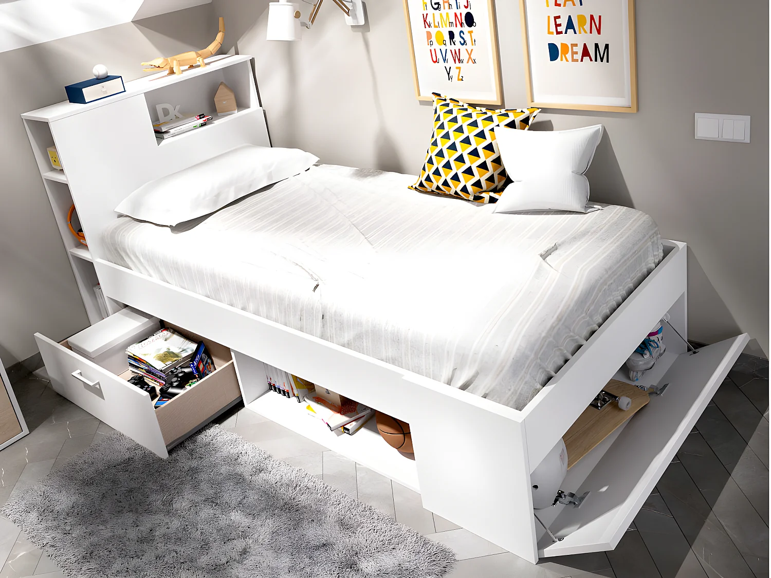 Cama con cabecero, compartimentos y cajones - 90 x 190 cm - Color: blanco - LEANDRE