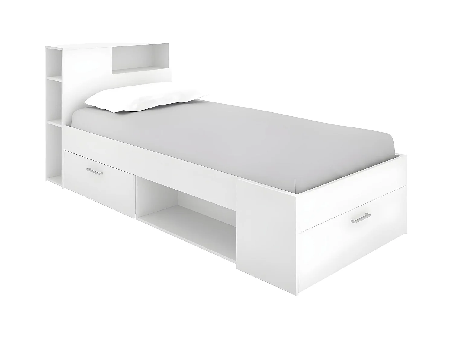 Cama con cabecero, compartimentos y cajones - 90 x 190 cm - Color: blanco - LEANDRE