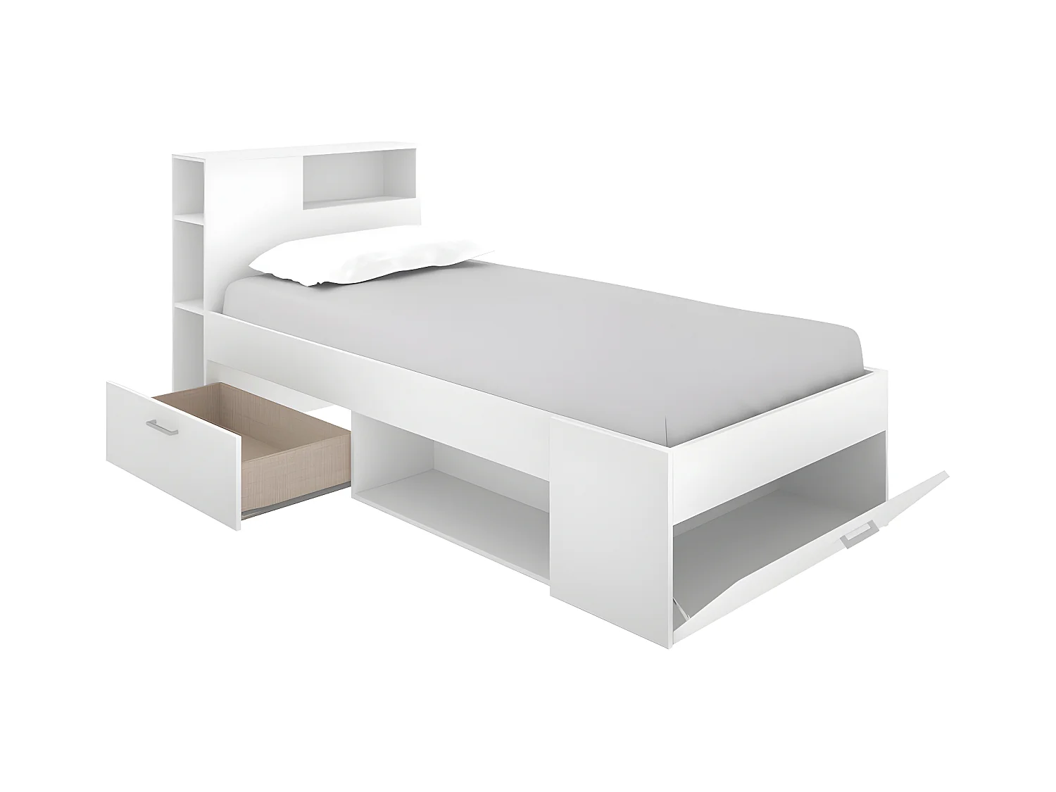 Cama con cabecero, compartimentos y cajones - 90 x 190 cm - Color: blanco - LEANDRE