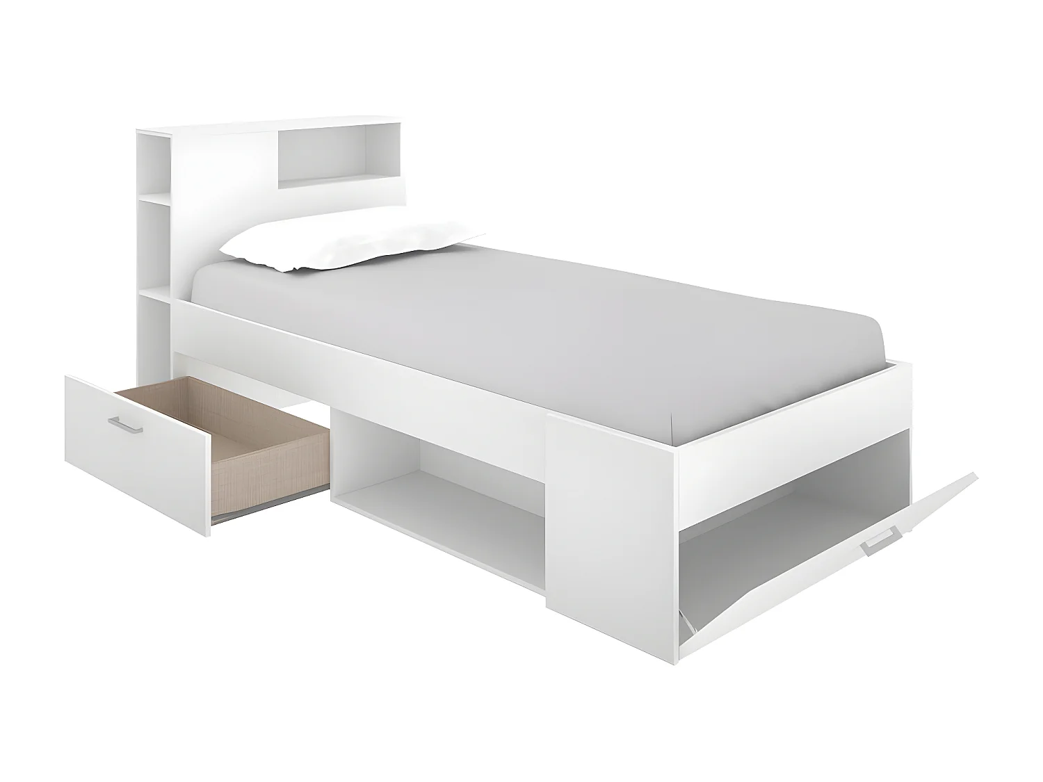 Säng med förvaringshuvudgavel och låda - 90 x 190 cm - Vit - LEANDRE