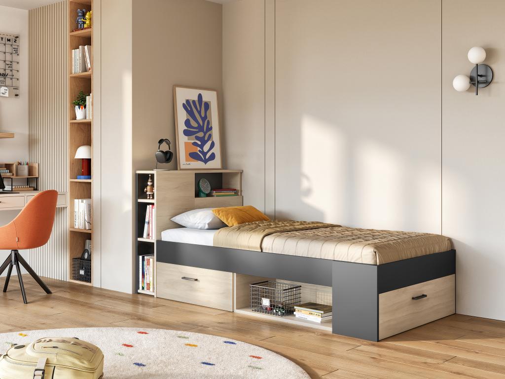 Bett mit Kopfteil, Stauraum & Schublade - 90 x 190 cm - Naturfarben & Anthr günstig online kaufen