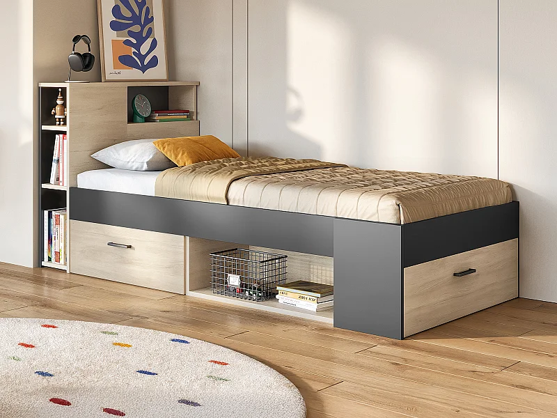 Cama con cabecero con compartimentos y cajones - 90 x 190 cm - Color: natural y antracita - LEANDRE