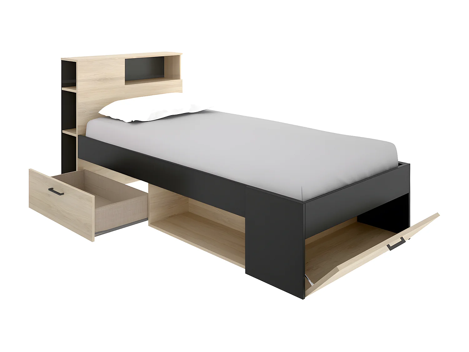 Bett mit Kopfteil, Stauraum & Schublade - 90 x 190 cm - Naturfarben & Anthrazit - LEANDRE