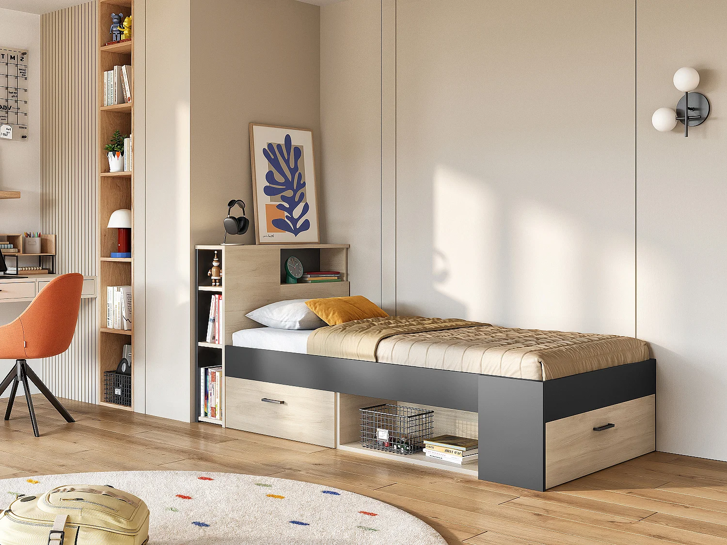 Lit avec tête de lit rangements et tiroir - 90 x 190 cm - Anthracite et naturel - LEANDRE