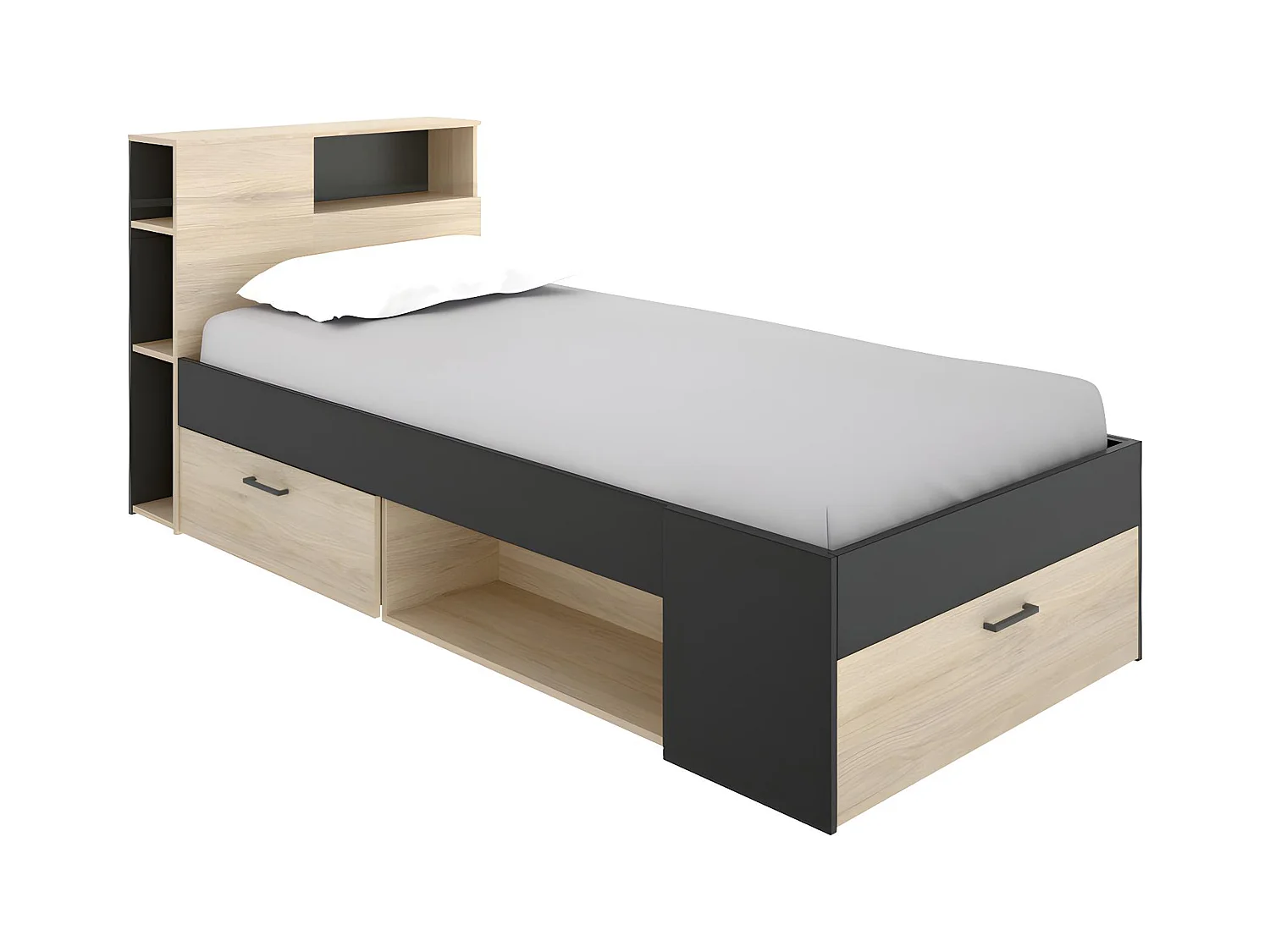 Cama con cabecero con compartimentos y cajones - 90 x 190 cm - Color: natural y antracita - LEANDRE