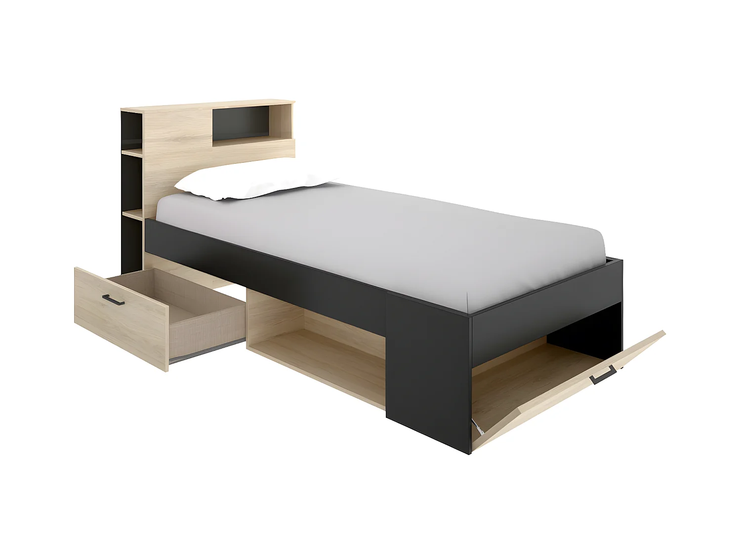 Cama con cabecero con compartimentos y cajones - 90 x 190 cm - Color: natural y antracita - LEANDRE