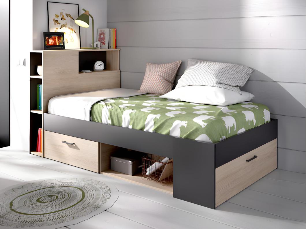 Lit avec tête de lit rangements et tiroir - 90 x 190 cm - Anthracite et naturel - LEANDRE