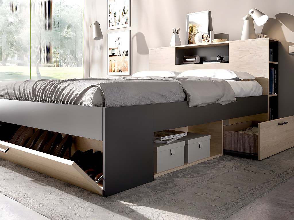 Bett mit Stauraum LEANDRE - 140x190 cm - Eiche & Anthrazit