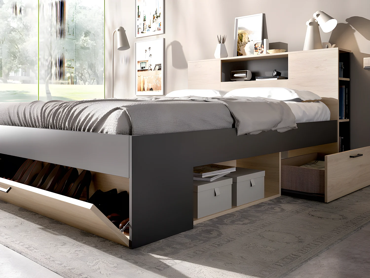 Lit avec tête de lit rangements et tiroirs - 140 x 190 cm - Coloris : Naturel et anthracite - LEANDRE