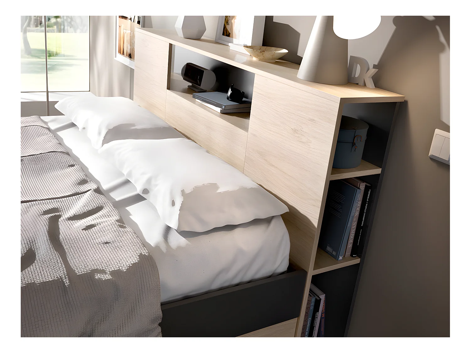 Cama con cabecero con compartimentos y cajones - 140x190 cm - Color: natural y antracita - LEANDRE