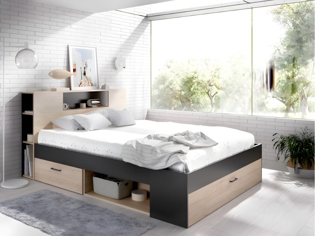 vente unique Lit avec tête de lit rangements et tiroirs - 140 x 190 cm - Coloris : Naturel et anthracite - LEANDRE