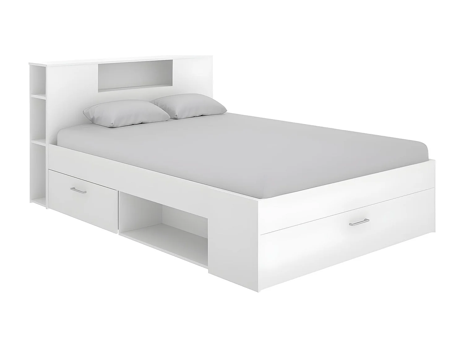 Letto matrimoniale alla francese con testiera portaoggetti e cassetti 140 x 190 cm Bianco - LEANDRE