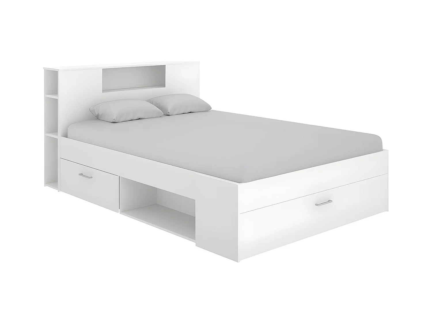 Bed LEANDRE met hoofdeinde, opbergruimte en lades - 140 x 190 cm - Kleur: wit
