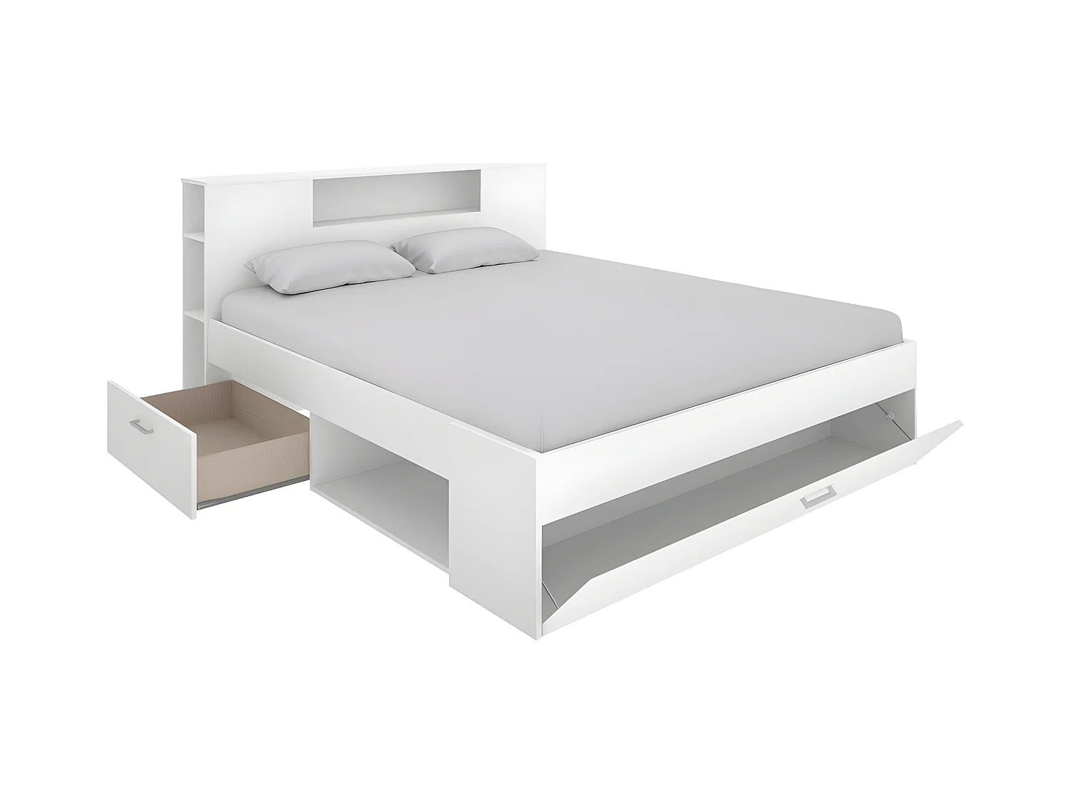 Bed LEANDRE met hoofdeinde, opbergruimte en lades - 140 x 190 cm - Kleur: wit