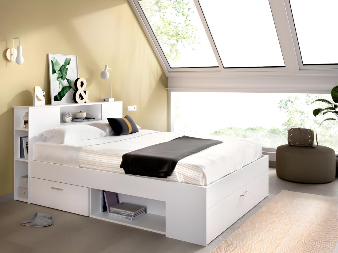 vente unique Lit avec tête de lit rangements et tiroirs - 140 x 190 cm - Coloris : Blanc - LEANDRE