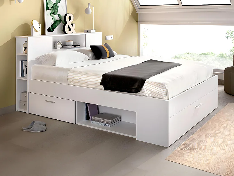 Cama con cabecero con compartimentos y cajones - 140x190 cm - Color: blanco - LEANDRE