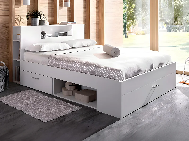 Lit avec tête de lit rangements et tiroirs - 160 x 200cm - Coloris : Blanc - LEANDRE
