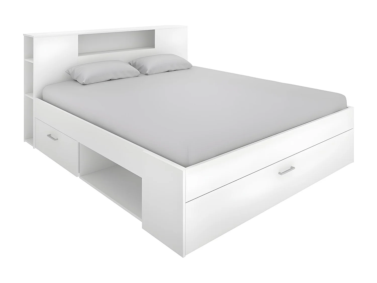 Cama com cabeceira de arrumação e gavetas disponível em Branco - 160x200cm - LEANDRE