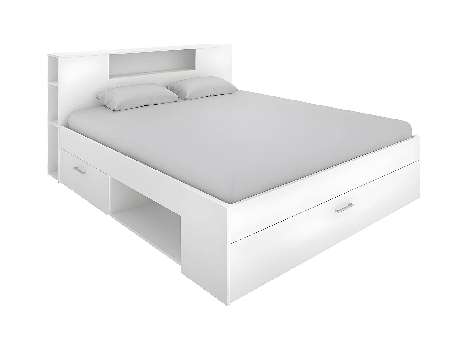 Cama con cabecero con compartimentos y cajones - 160x200 cm - Color: blanco - LEANDRE