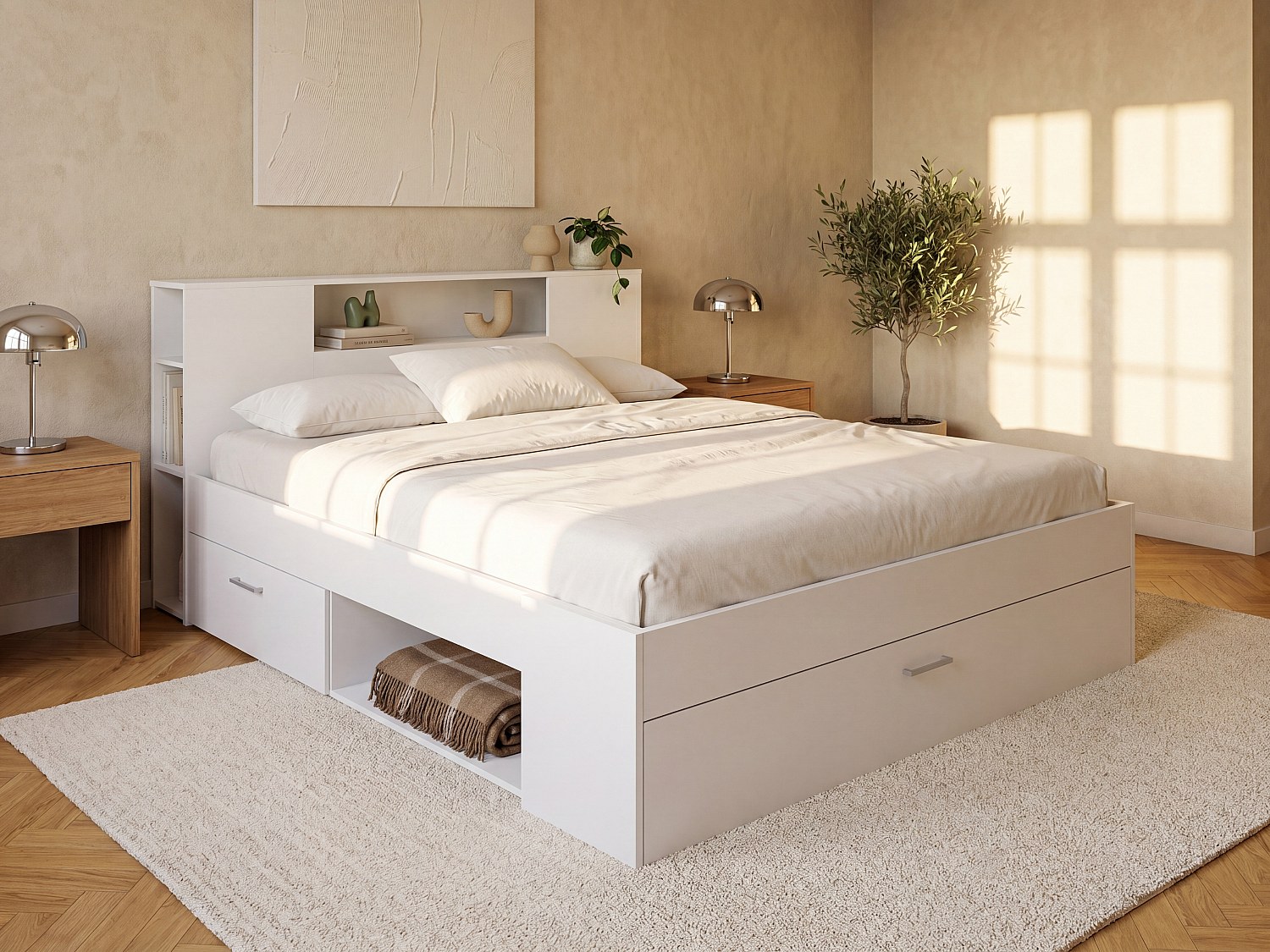 Vente-unique - Bett mit Stauraum & Schubladen - 160 x 200 cm - Weiß - leandre