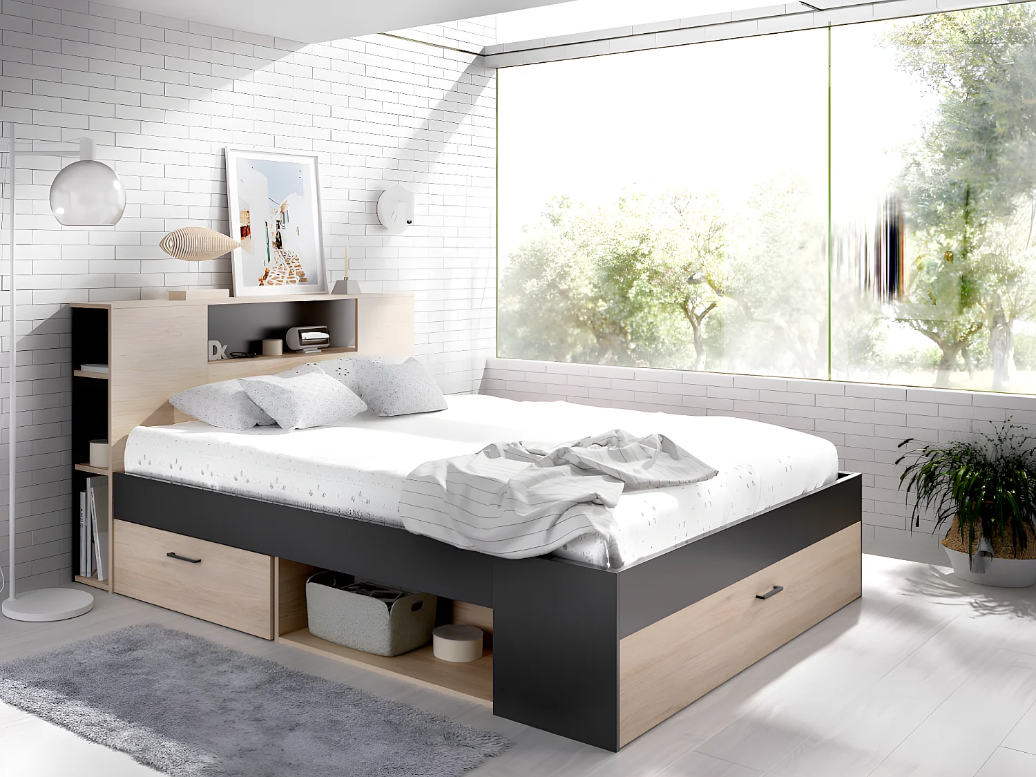 Lit avec tête de lit rangements et tiroirs - 160 x 200cm - Coloris : Naturel et anthracite - LEANDRE