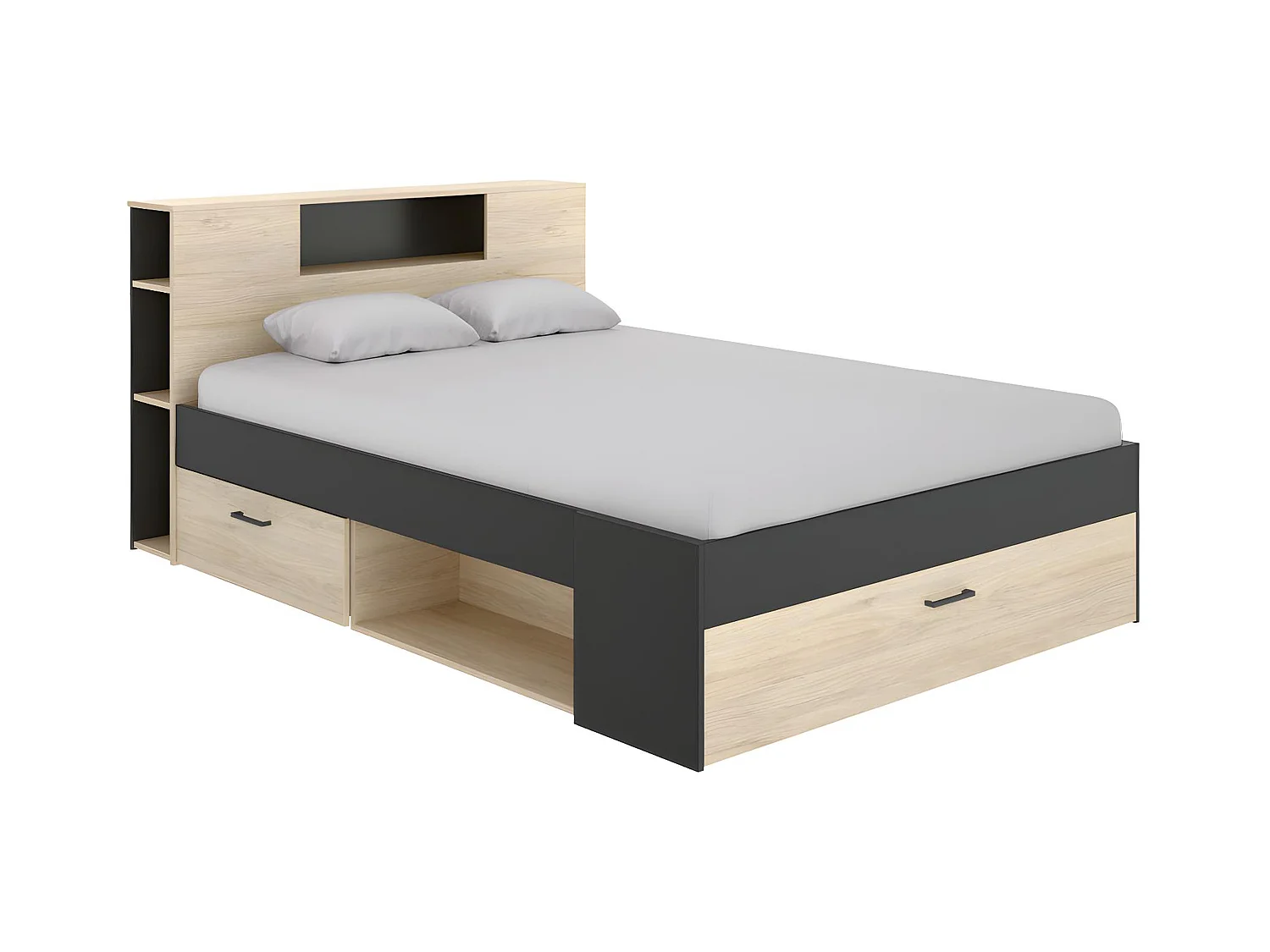 Bett mit Kopfteil, Stauraum & Schubladen - 160 x 200 cm - Naturfarben & Anthrazit - LEANDRE