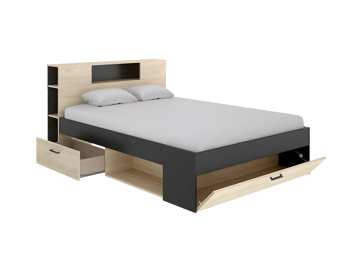 Bett mit Kopfteil, Stauraum & Schubladen - 160 x 200 cm - Naturfarben & Anthrazit - LEANDRE