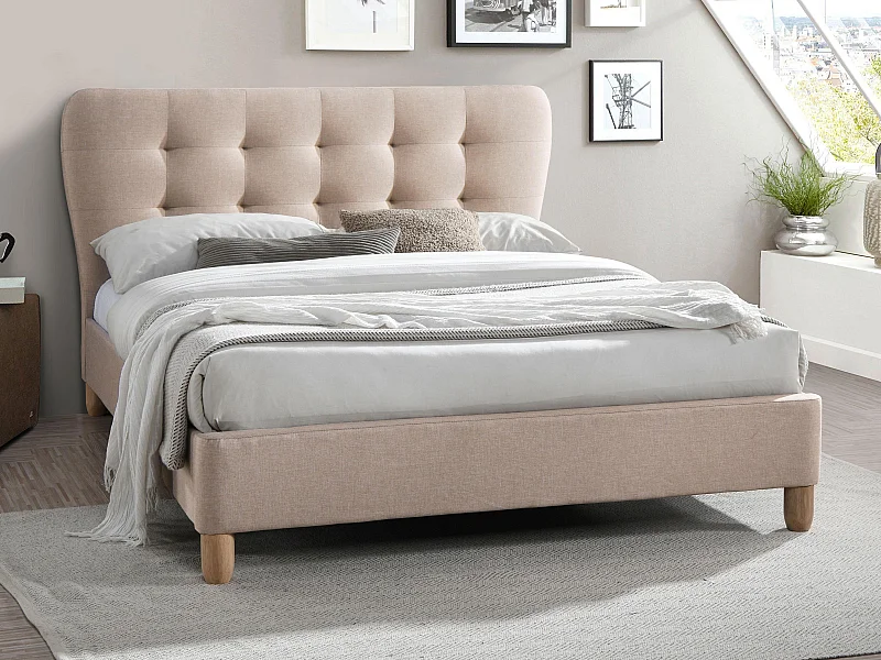 Letto matrimoniale alla francese 140 x 190 cm - con testiera capitonné - Tessuto - Beige - ELIDE