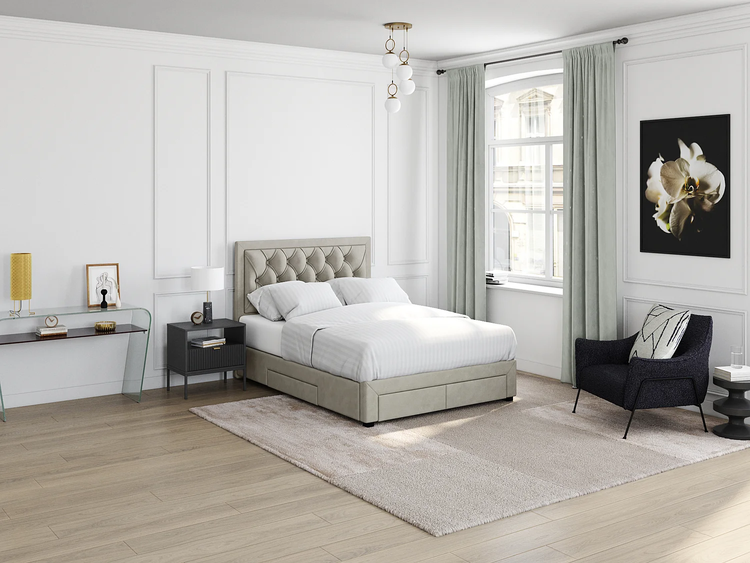 Lit avec tiroirs 140 x 190 cm - Tissu velours - Beige - LEOPOLD