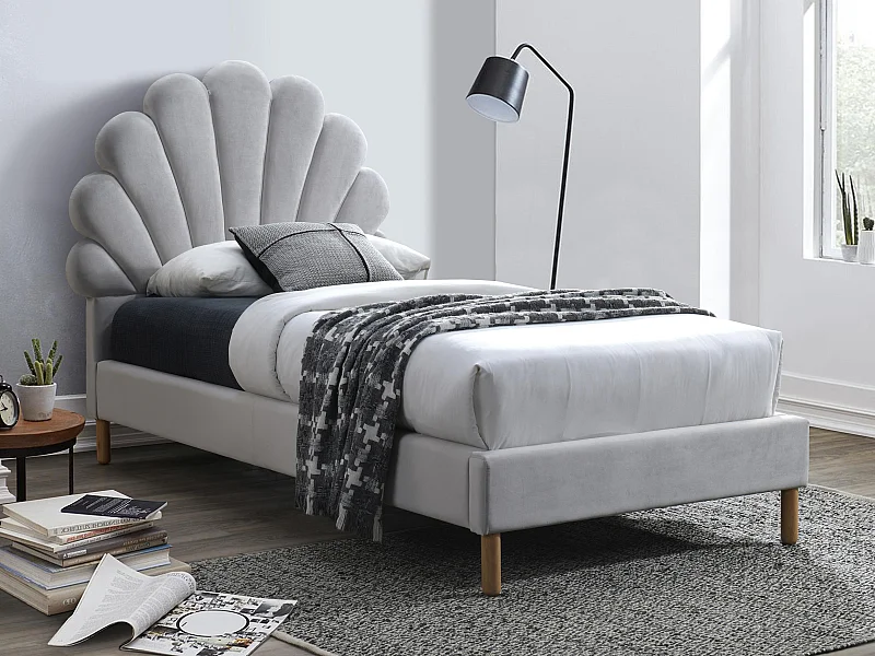 Lit coquillage 90 x 190 cm - Velours - Gris clair - MOANA