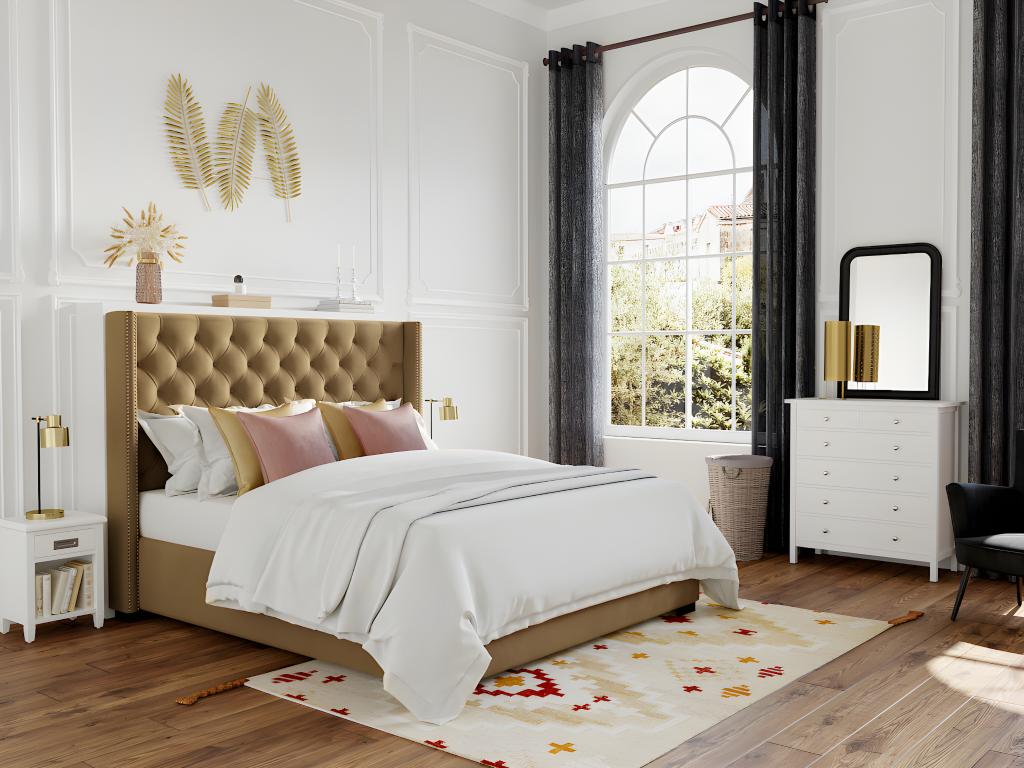 Polsterbett mit gestepptem Kopfteil - 140 x 200 cm - Stoff - Beige - MASSIM günstig online kaufen