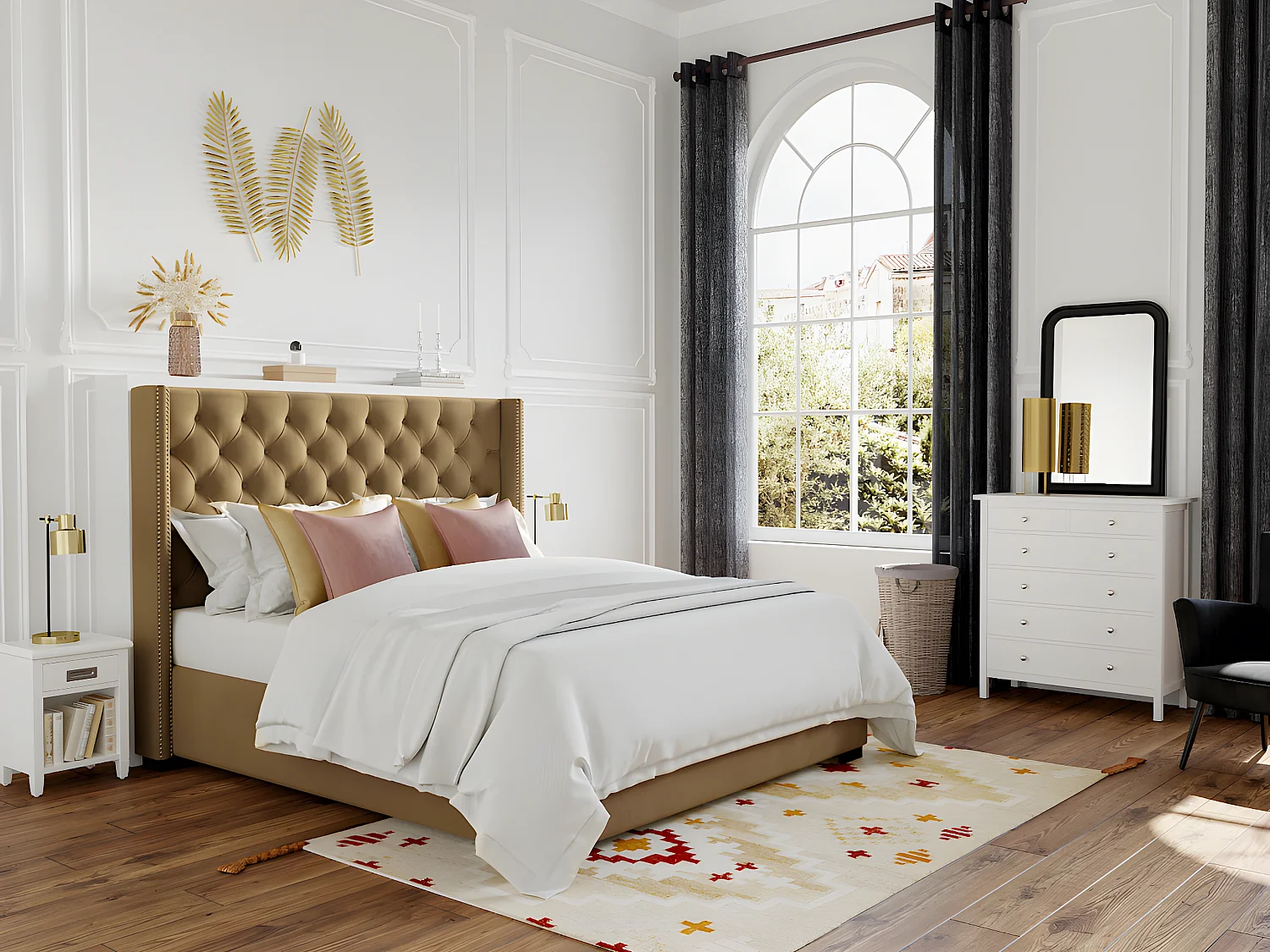 Lit 140 x 200 cm avec tête de lit capitonnée - Tissu - Beige - MASSIMO