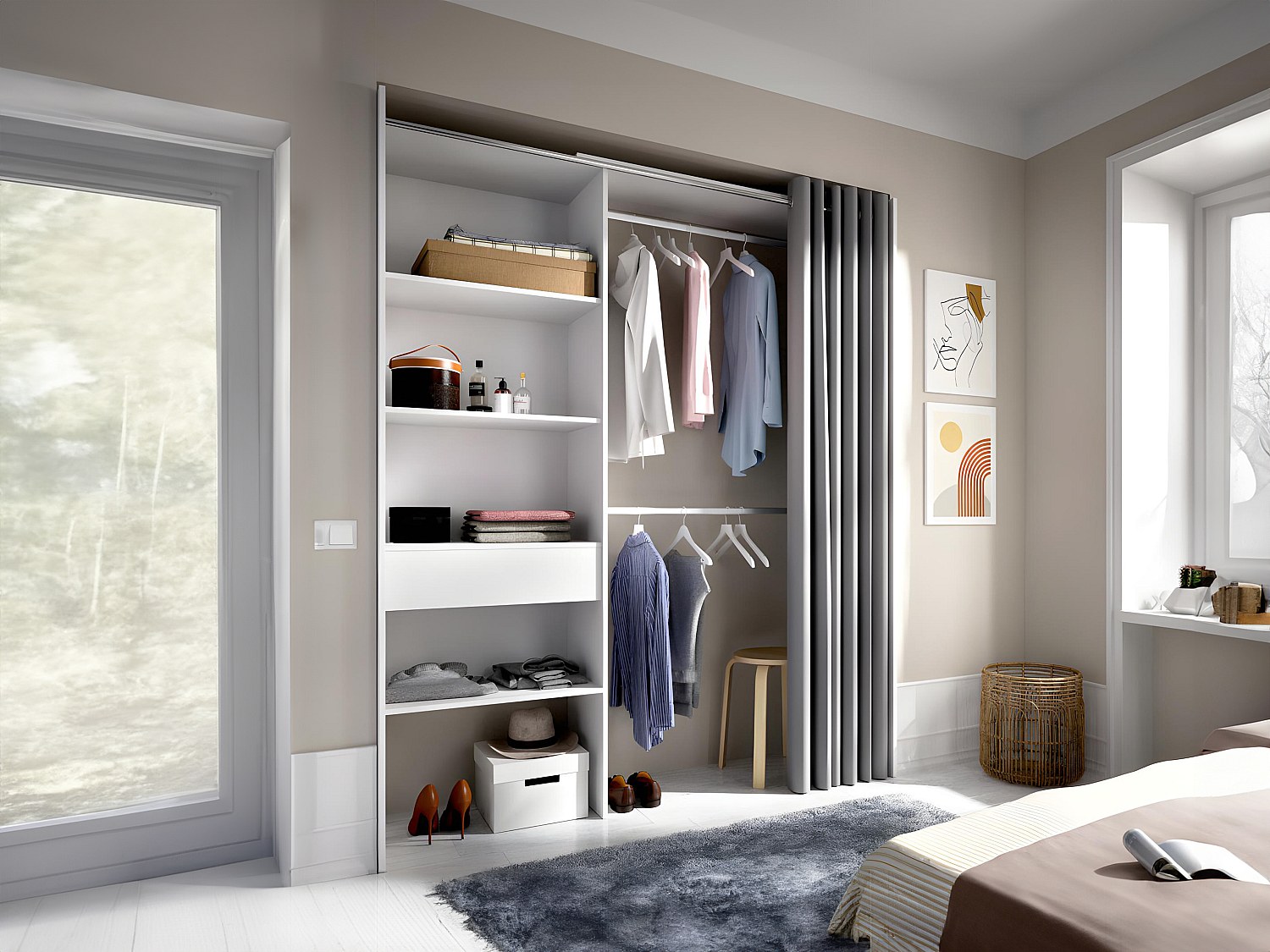 Utvidbar garderobe LAURENT - L.110/160 cm - Farger: Hvit og grå
