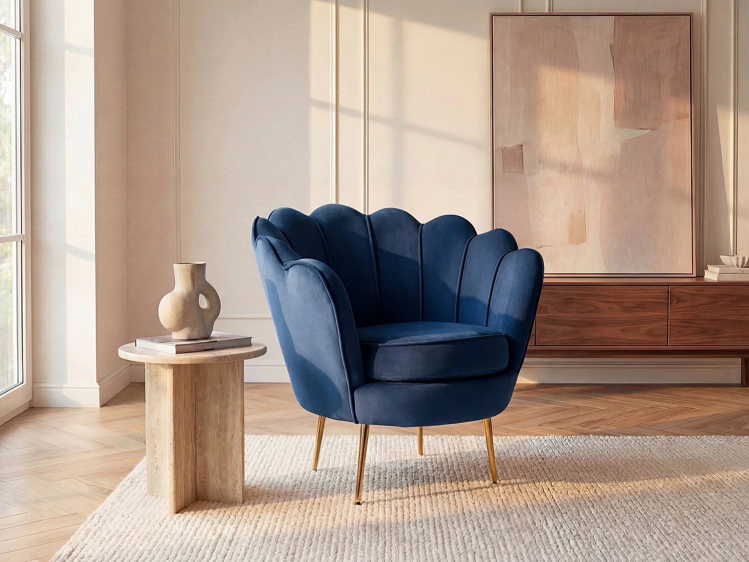 Fauteuil coquillage en velours bleu nuit DANDELION