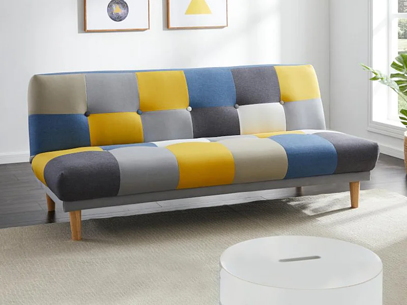 Divano 3 posti clic-clac Tessuto Patchwork Grigio, Blu, Giallo - MARDAG