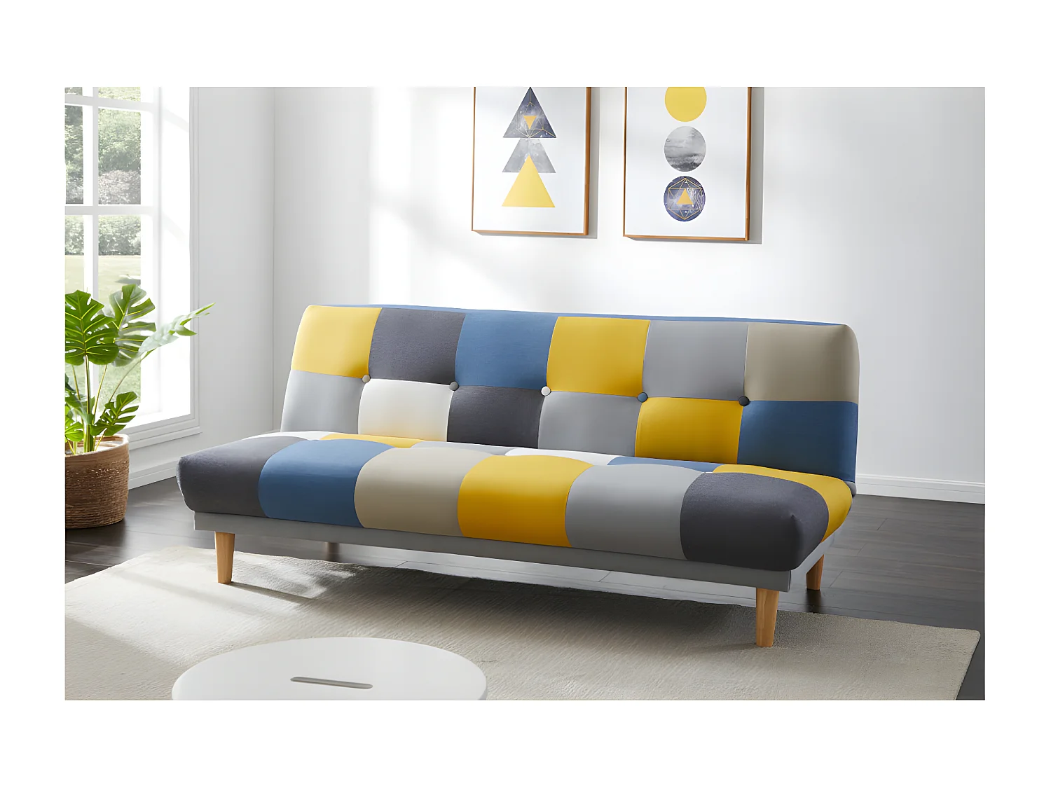 Canapé 3 places convertible clic-clac en tissu MARDAG - Patchwork gris, bleu, jaune