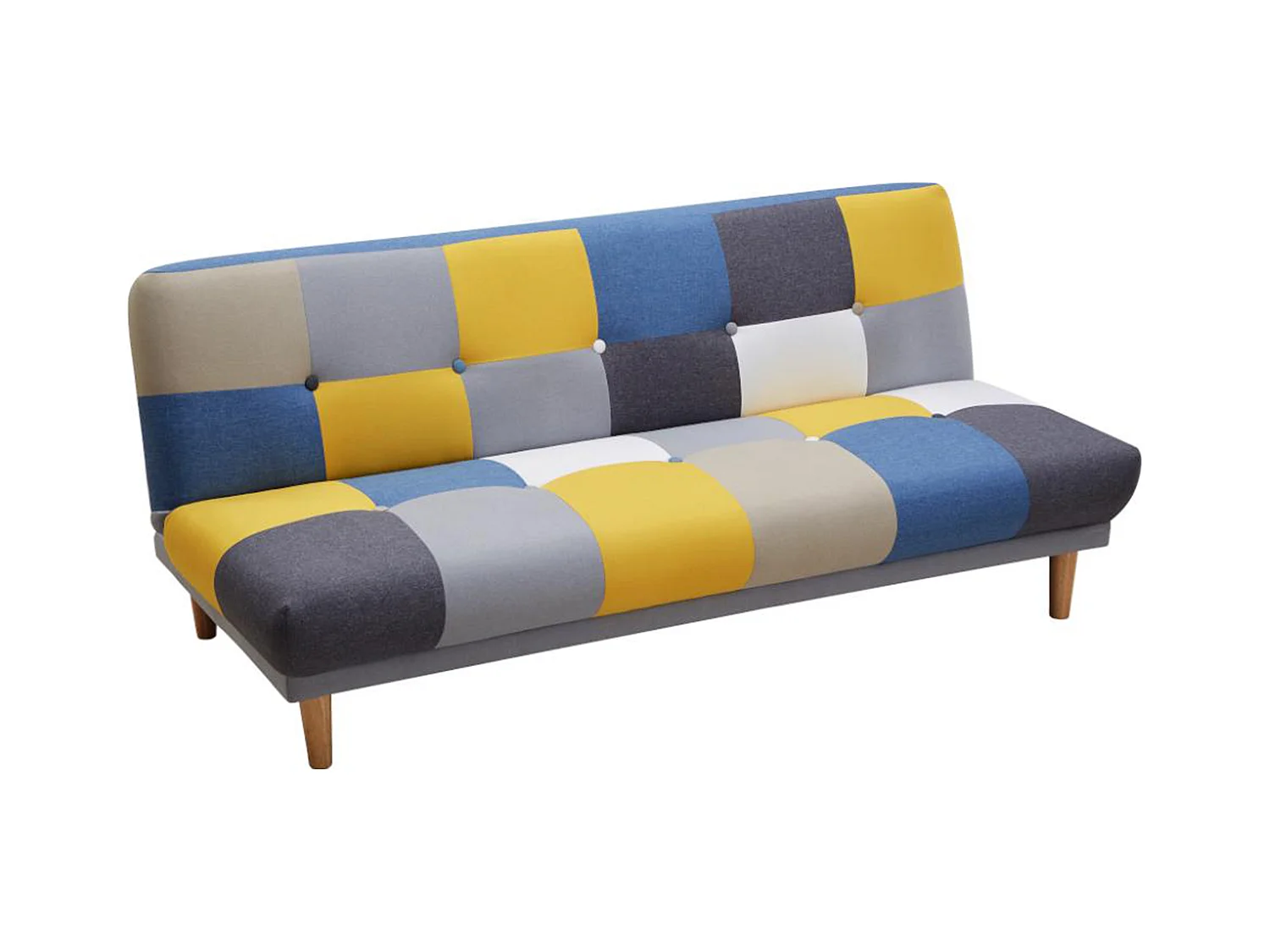 Sofá cama de 3 plazas de tela MARDAG - Patchwork gris, azul, amarillo