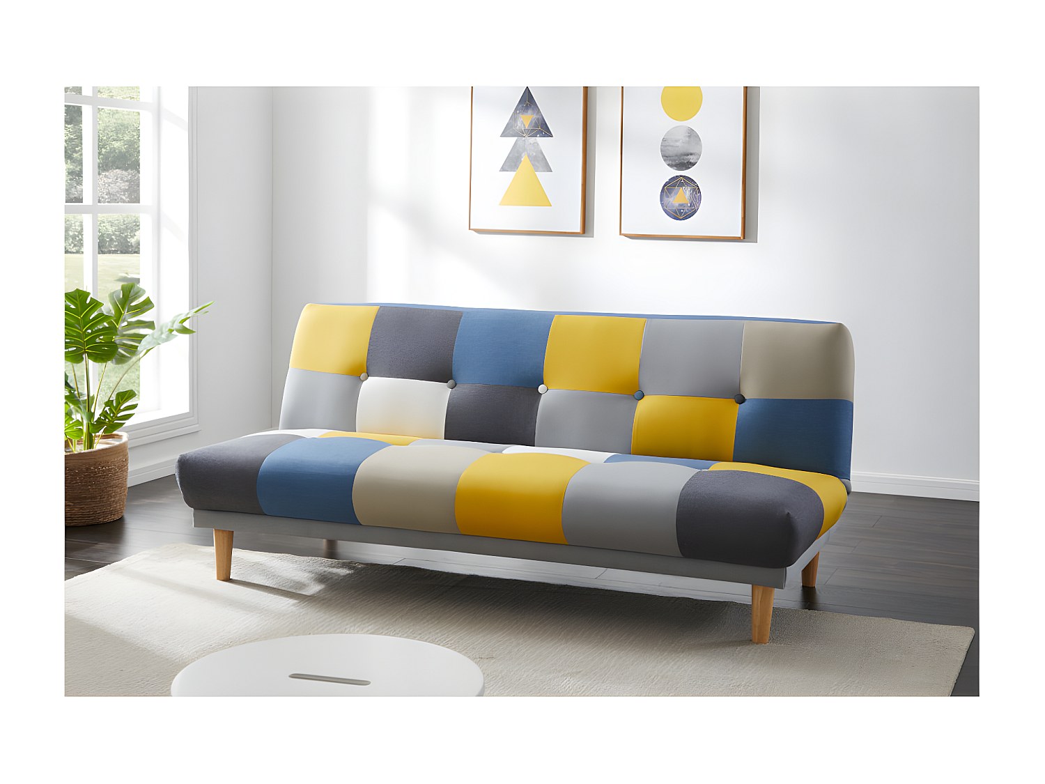 Schlafsofa Klappsofa 3-Sitzer - Stoff - Patchwork Grau, Blau & Gelb - MARDA günstig online kaufen