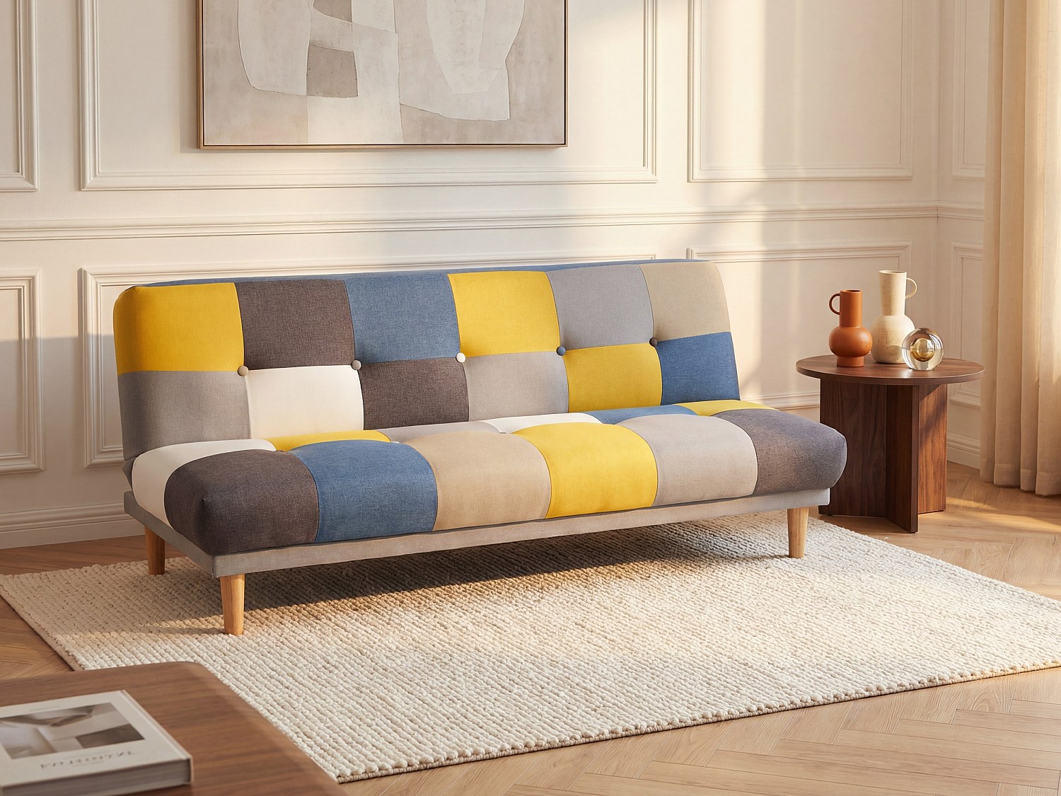 Schlafsofa Klappsofa 3-Sitzer - Stoff - Patchwork Grau, Blau & Gelb - MARDA günstig online kaufen