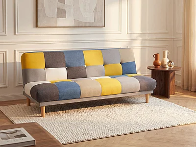Canapé 3 places convertible clic-clac en tissu MARDAG - Patchwork gris, bleu, jaune