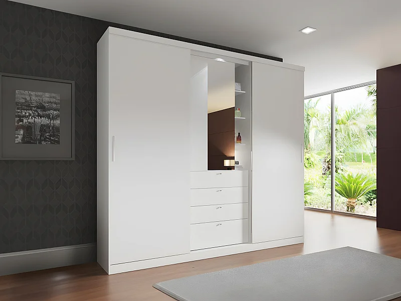 Armadio 2 ante scorrevoli con Specchio e cassetti L.240 cm Bianco - BODIL