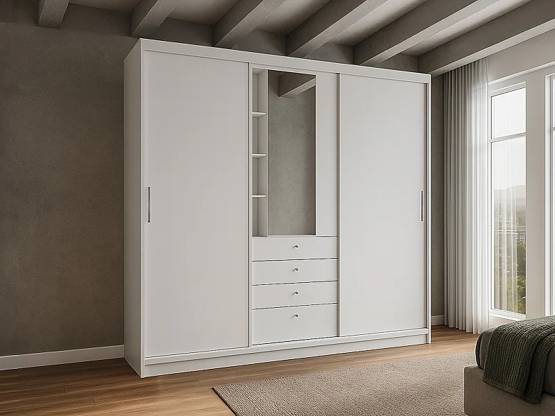 Armoire 2 portes coulissantes - Miroir et tiroirs - L240cm - Coloris : Blanc - BODIL
