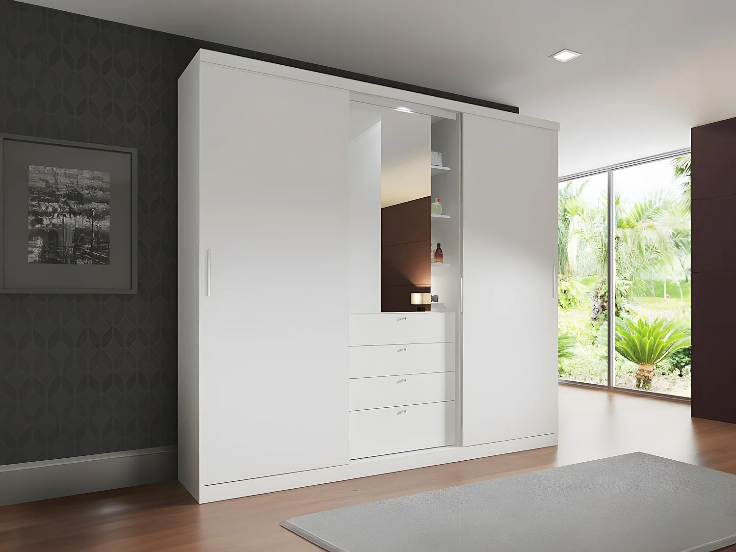 Armoire 2 portes coulissantes - Miroir et tiroirs - L240cm - Coloris : Blanc - BODIL