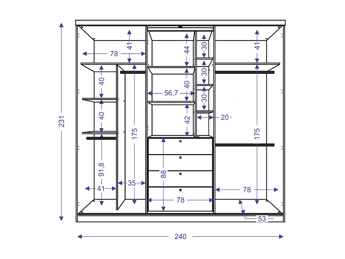 Kleiderschrank mit 2 Schiebetüren & Schubladen + Spiegel - B. 240 cm - Weiß - BODIL