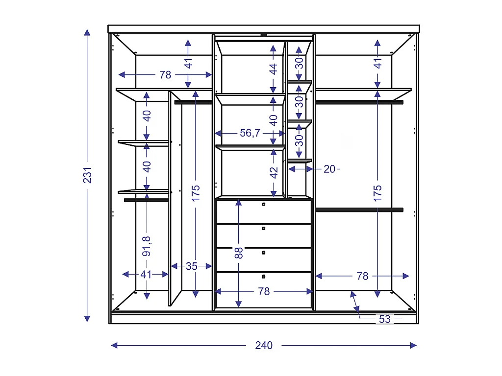 Kledingkast - Schuifdeuren - Spiegel en lades - L 240 cm - Wit - BODIL