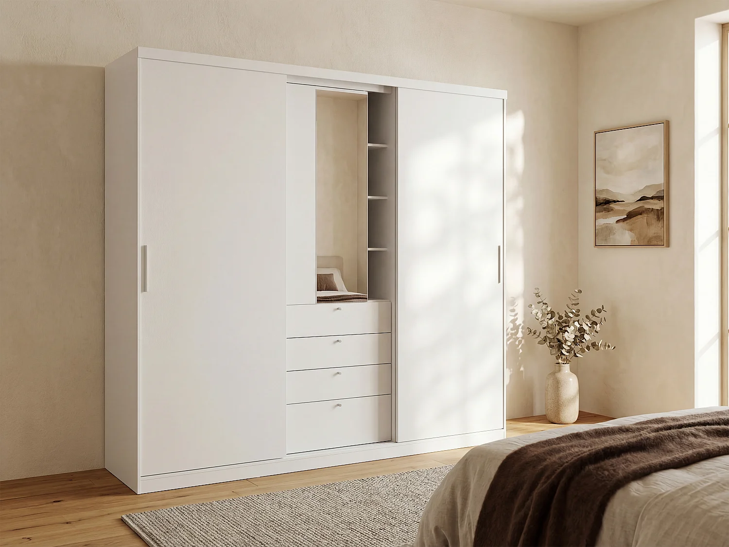 2 sliding door wardrobe - Mirror and drawers - L 240 cm - White - BODIL
